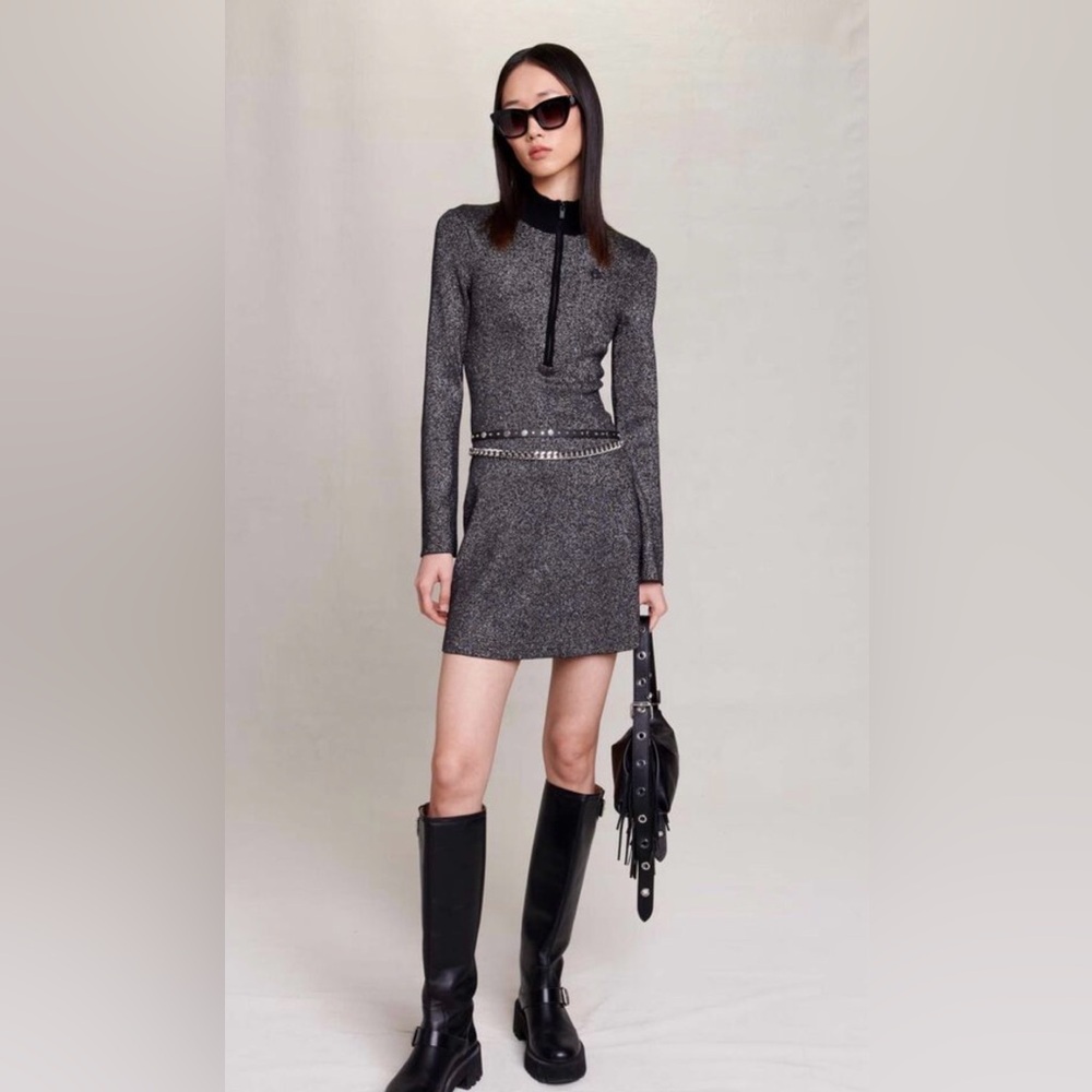 Maje Black and Gray Long Sleeve Dress